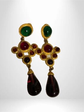 Gold-Tone Green and Red Gem Drop Earrings